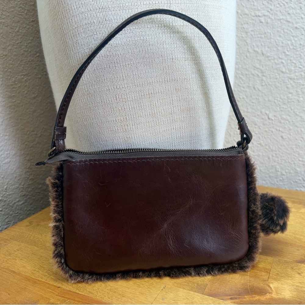 Patricia Nash Brown Leather Faux Fur Trim Mini Bag Pouch Pom Pom - Picture 2 of 7